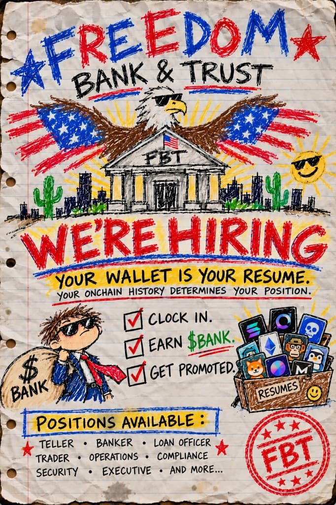 Freedom Bank & Trust help-wanted poster, drawn in crayon on notebook paper. A bald eagle in sunglasses spreads flag wings over the FBT bank building. We're hiring. Your wallet is your resume. Clock in. Earn $BANK. Get promoted. Positions available: teller, banker, loan officer, trader, operations, compliance, security, executive, and more.